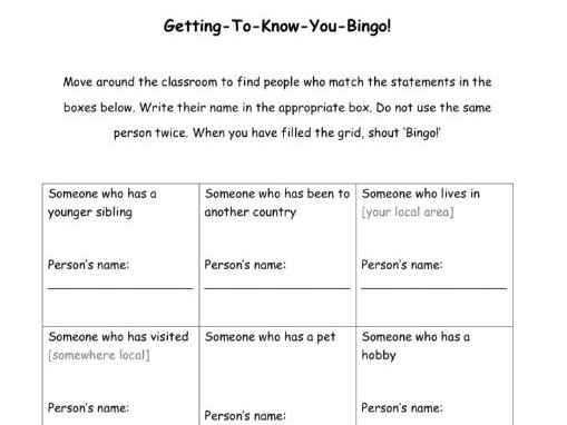Getting To Know You Bingo - Free Transition Resource