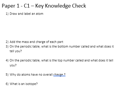Key Knowledge Check - AQA Combined Science Paper 1 Revision