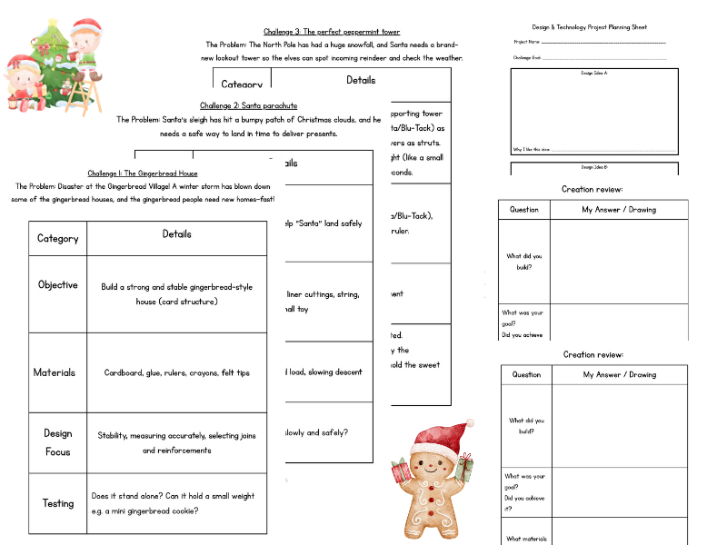 Christmas DT Lesson Pack (6 Easy, Low-Resource Projects + Planning, & Review Sheets | A4 Printable