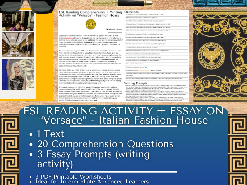 ESL Reading Comprehension + Writing Activity Worksheet - Versace - Fashion House