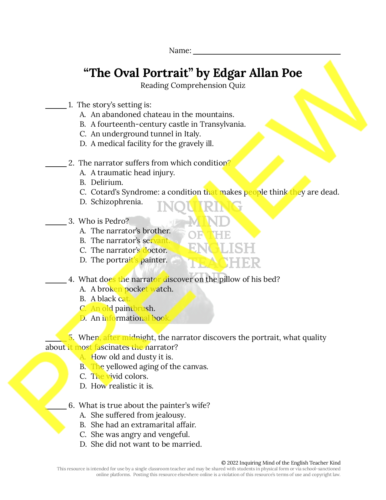 “The Oval Portrait” by Edgar Allan Poe Quiz and Answer Key Teaching