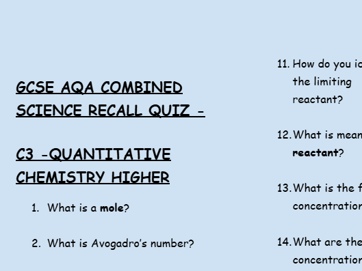 GCSE Chemistry C3 Quantitative Chemistry – 30 Higher Retrieval Questions | AQA  Description: