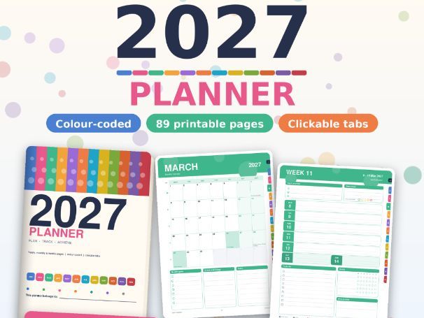 2027 Weekly and Monthly Planner, Printable Year Planner with Habit Tracker, Mood Tracker, Money Goal