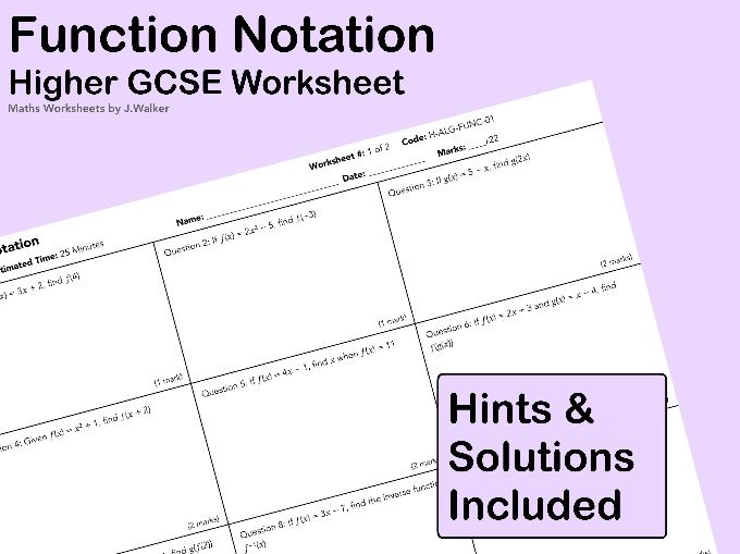 GCSE Maths Worksheet: Function Notation - Higher Tier