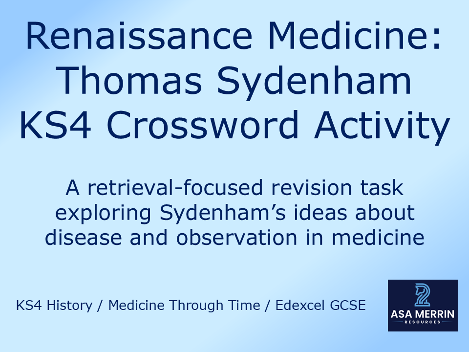 GCSE History Medicine Through Time: Thomas Sydenham Crossword – Renaissance Retrieval Practice