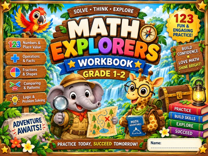 Math Explorers Worksheets Grades 1–2 | Addition, Place Value, Fractions & Problem Solving