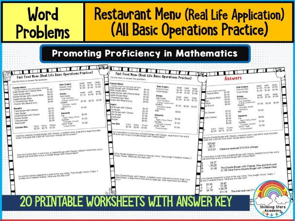 Fast Food Menus Word Problem Math Worksheets | Real-Life Application of the Four Basic Operations