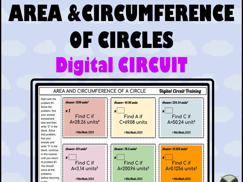 Area and Circumference of Circles-Digital Circuit Training (18 problems/cards)
