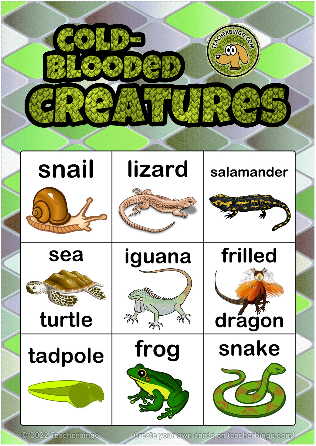 ColdBlooded Creatures Bingo (reptiles) 3x3 (100 pages + call sheet