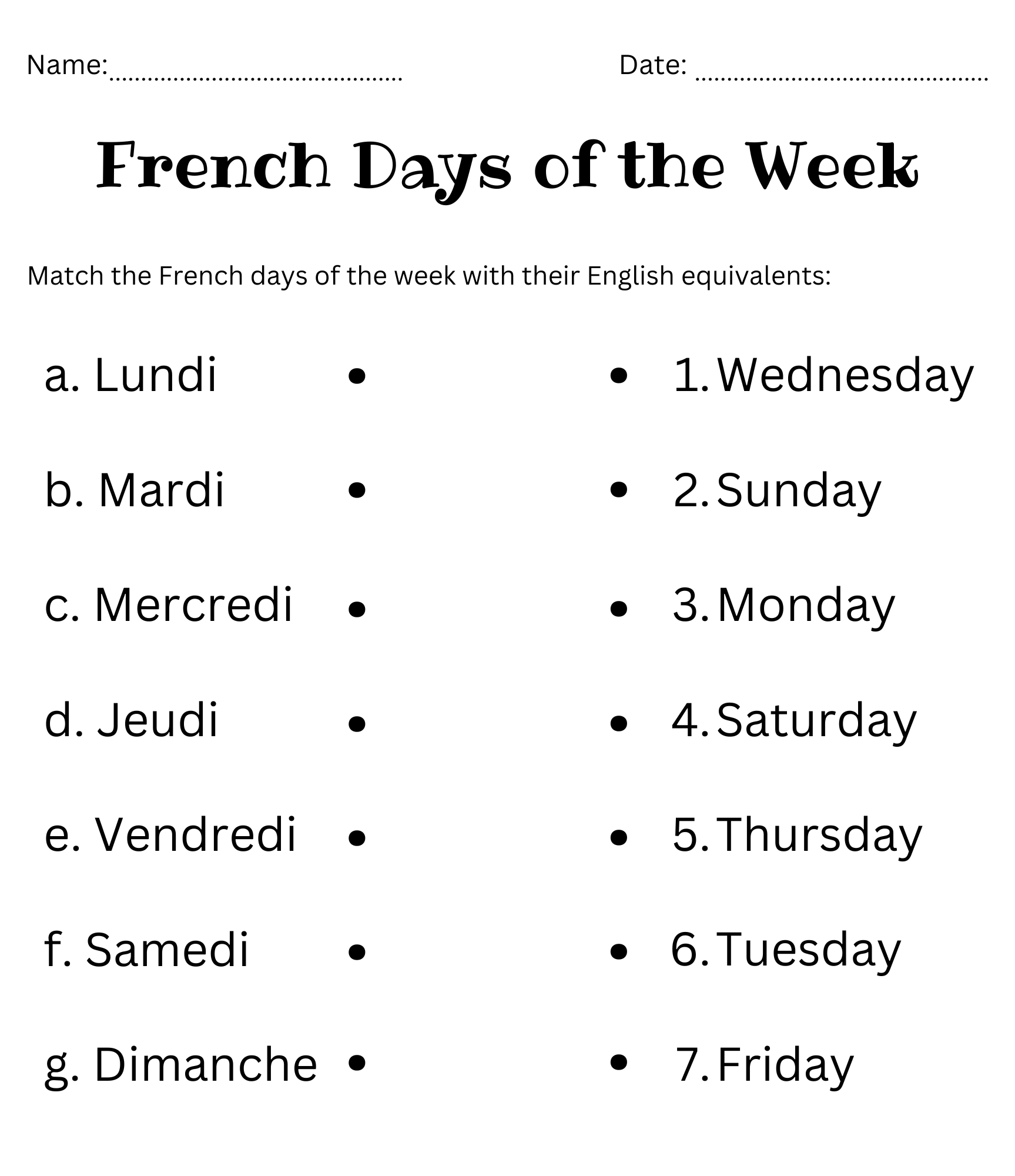 Days Of The Week French Worksheet