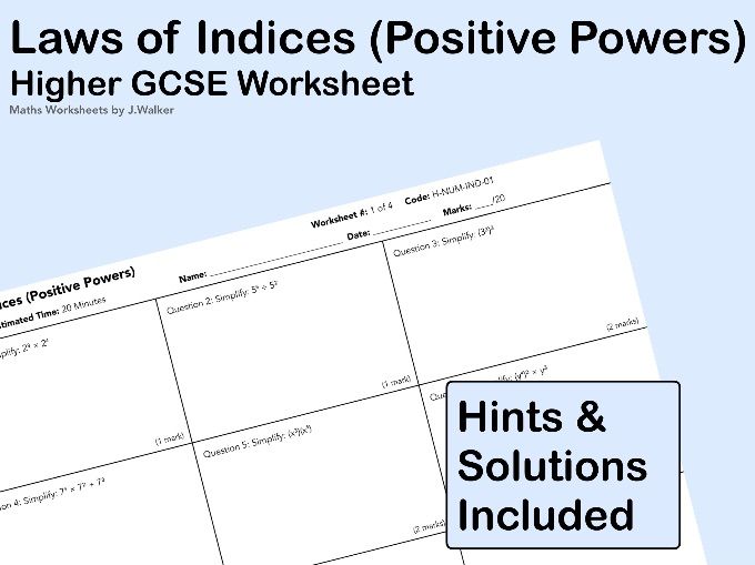 GCSE Maths Worksheet: Laws of Indices (Positive Powers) - Higher Tier