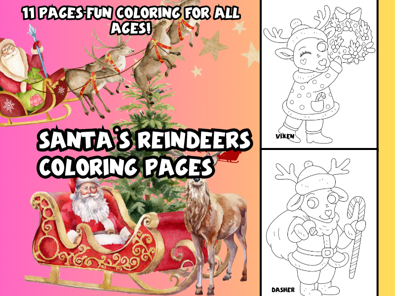 Santa's Reindeers Coloring Pages-Includes all 9 of his reindeer with names