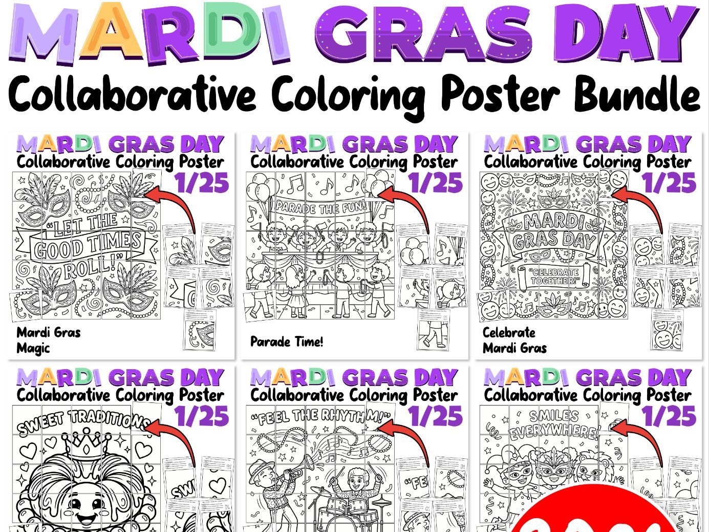 Mardi Gras Day Collaborative Coloring Posters Bundle | 6 Festive Activities