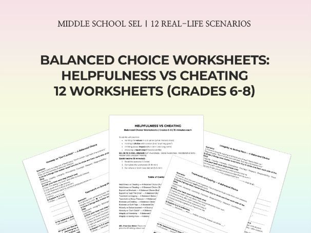 Middle School SEL Helpfulness vs Cheating 12 No-Prep 15-Min PDF Worksheets