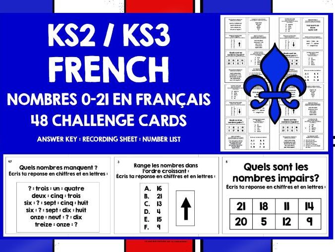 FRENCH NUMBERS 0-21 CHALLENGE CARDS