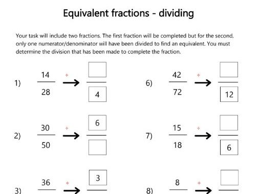 Equivalent fractions - dividing to find an equivalent