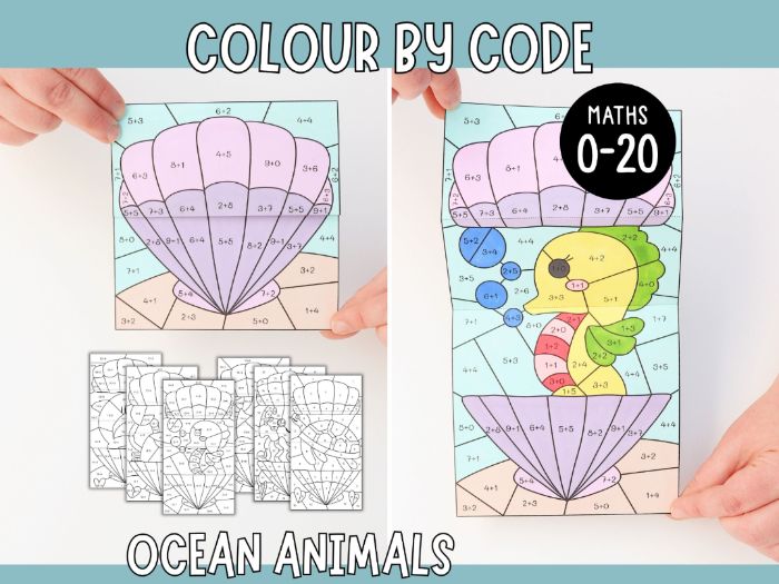 Colour by Code Maths to 20 (Addition & Subtraction) - Ocean animals
