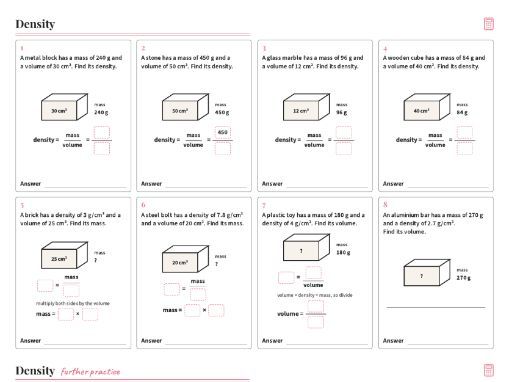 Density Mass and Volume Worksheet GCSE