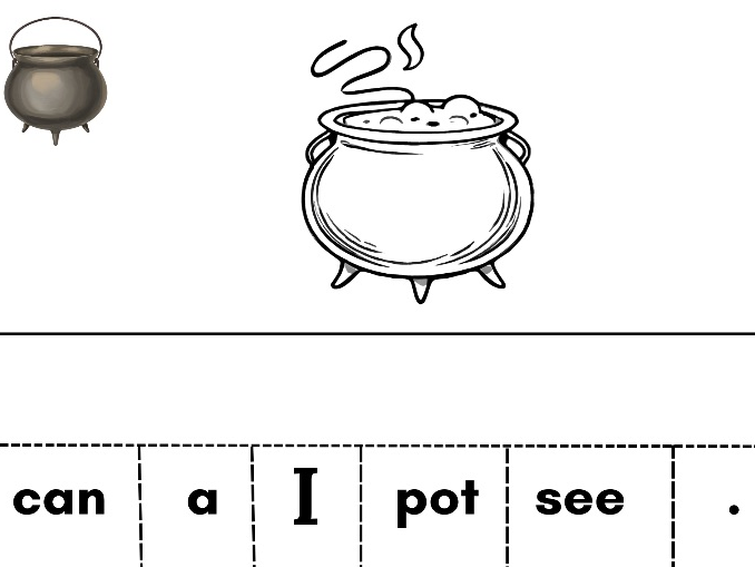 Cut and Stick Sentence “I Can See a Pot.” – Early Writing Activity