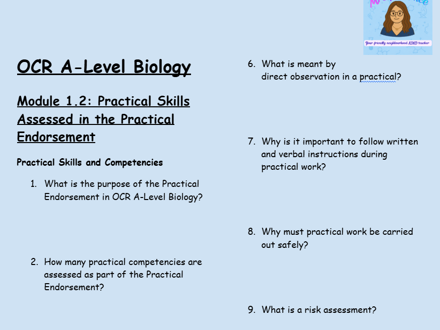 OCR A-Level Biology Worksheets – Module 1.2: Practical Skills Assessed in the Practical Endorsement