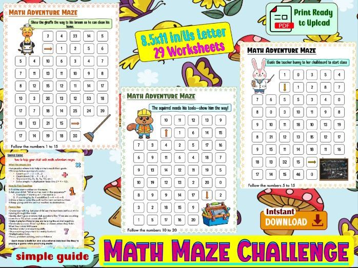 Math Maze Challenge Worksheet Activity for Kids