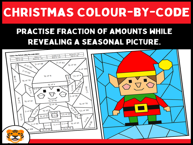 Christmas Fractions Colour-by-Answer Worksheet | KS2 Maths | Fraction of Amounts Elf Picture (With A