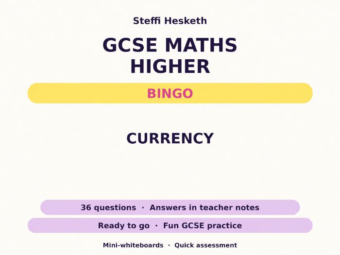 Currency GCSE Maths Higher Bingo