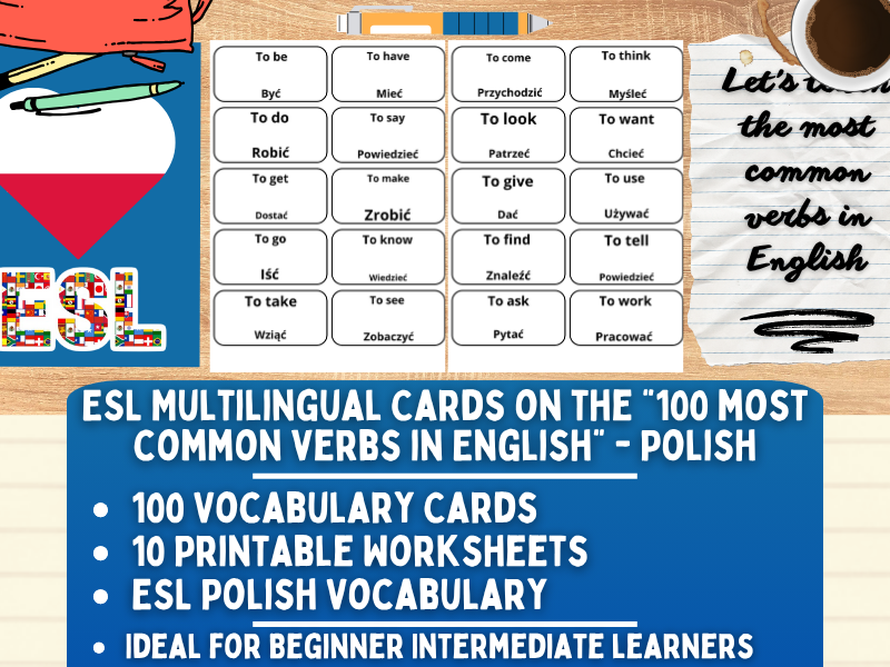 ESL Multilingual Vocabulary Flashcards - 100 most common verbs - Polish