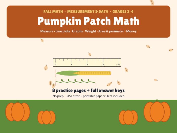 Pumpkin Patch Math | Fall Measurement & Data | Line Plots, Graphs, Area & Perimeter | Grades 2-4