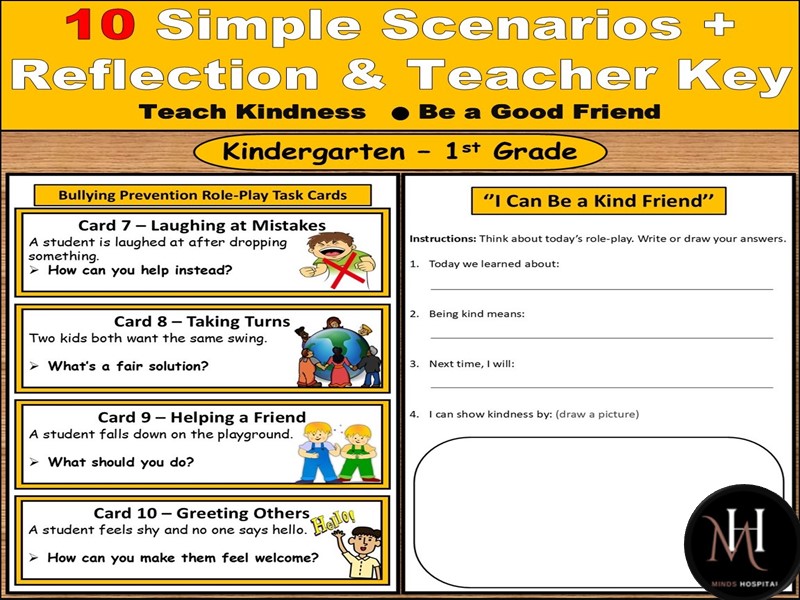 Bullying Prevention Role-Play Cards | 10 Kindergarten SEL Scenarios + Reflection | Anti-Bullying