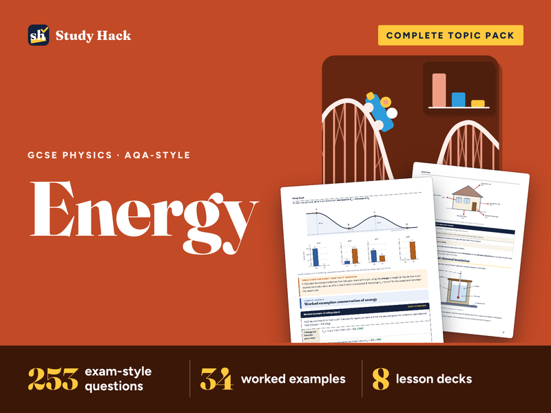GCSE Physics Energy Complete Pack (AQA-style): Stores, Heat Capacity, Power, Efficiency, Resources