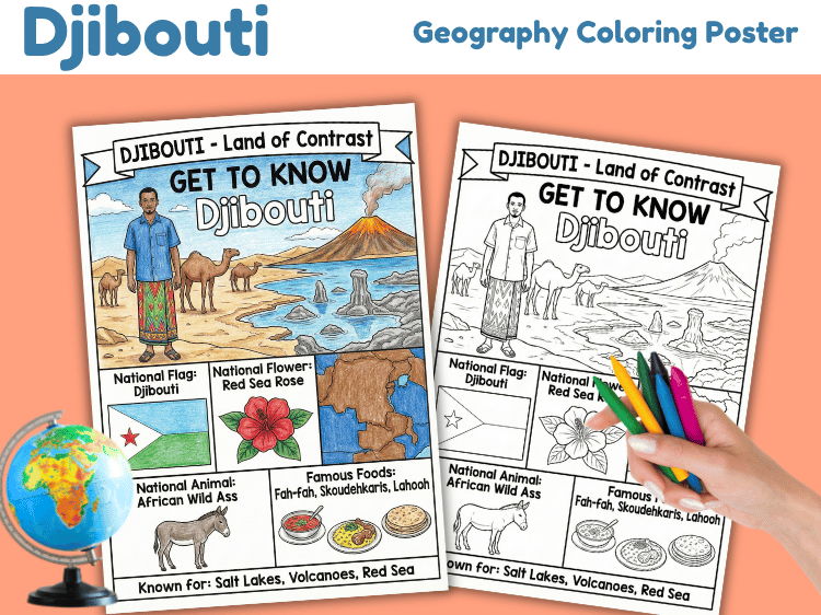 Djibouti Geography Coloring Poster | Country Facts & Map