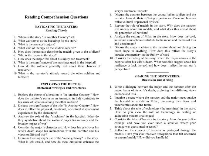 In Another Country by Ernest Hemingway with Reading Comprehension Questions