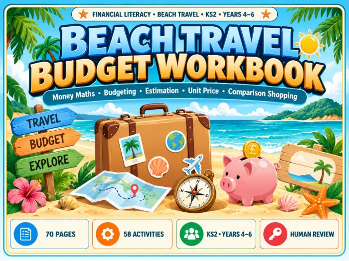 Beach Travel Budget Workbook | KS2 Money Maths & Budgeting | 70 Pages