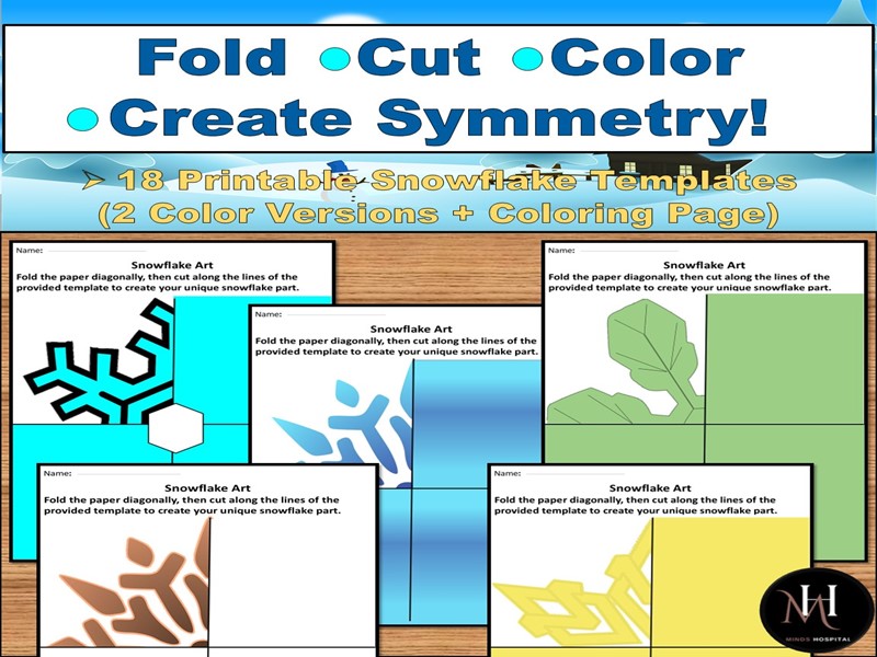 Printable Symmetry Snowflake Art Templates | 18 Colorful Fold & Cut Winter Craft