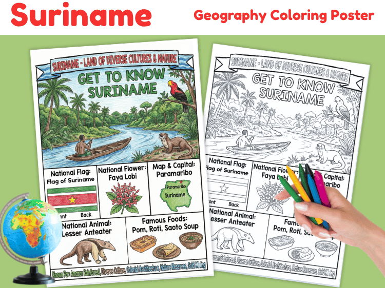 Suriname Geography Coloring Poster | Country Facts & Culture