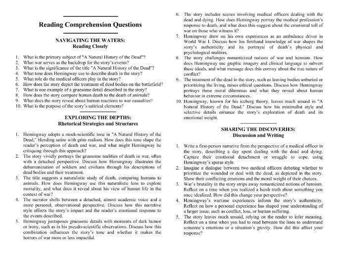 A Natural History of the Dead by Ernest Hemingway with Reading Comprehension Questions