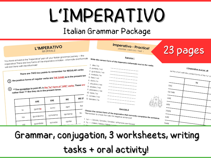 Italian Imperativo Verbs - Imperativo Worksheets + Reference and Activities