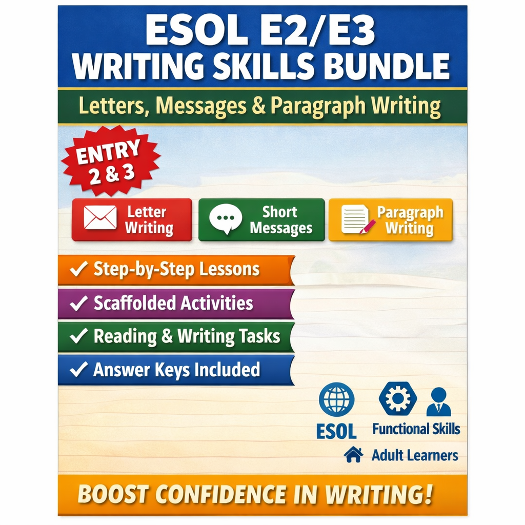 ESOL E2/E3 Writing Skills Bundle – Letters, Messages & Paragraph Writing (Adult ESL Pack)