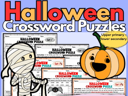 Halloween Crosswords for Grades 5–8 | Differentiated with Word Bank, Colour / B&W