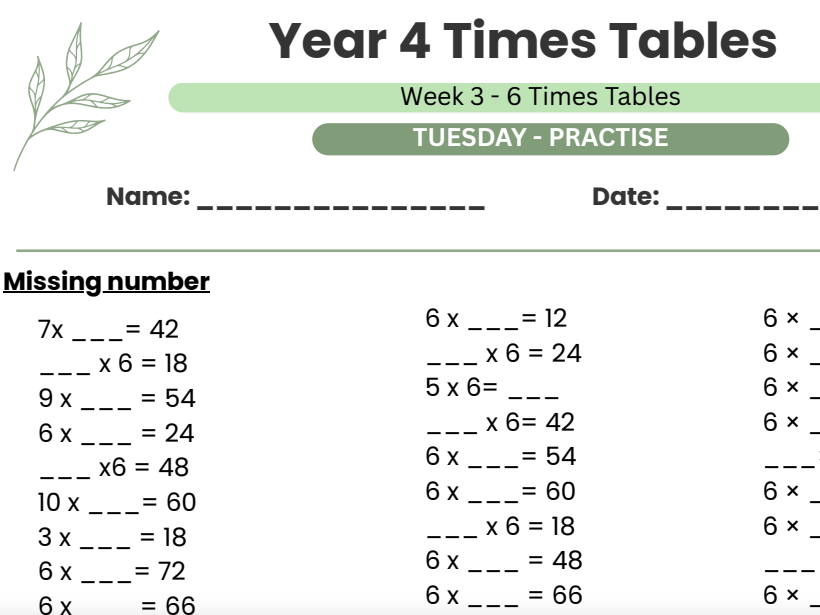 Year 4 Times Table Practise Week 3- 6x