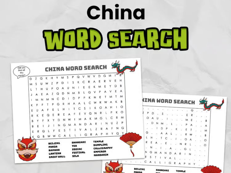 China Word Search | Easy, Print & Go China Activity with answers for Elementary
