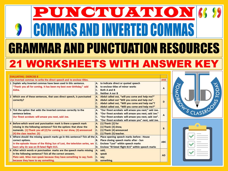 COMMAS AND INVERTED COMMAS - PUNCTUATION: 21 WORKSHEETS WITH ANSWERS