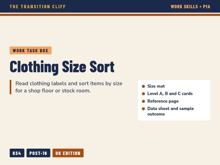 Clothing Size Sort Task Box: Reading Size Labels for Retail Job Skills, SEND (KS4, Post-16)