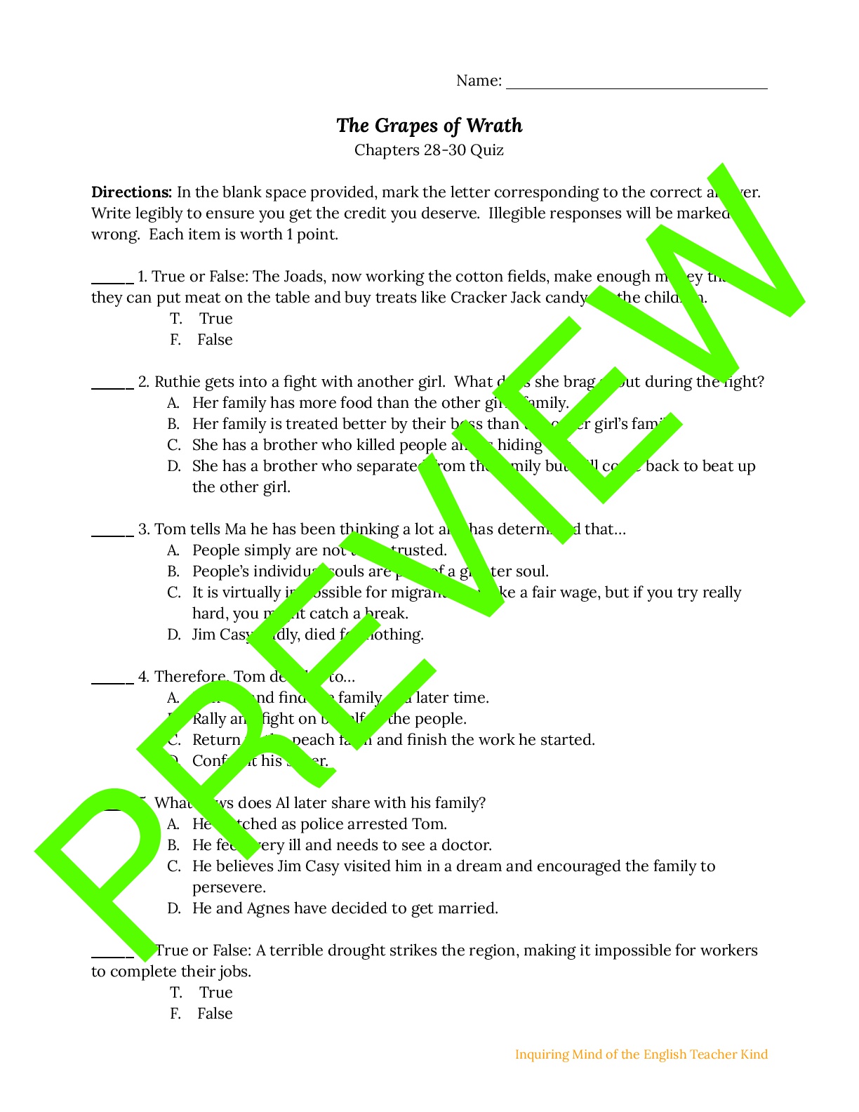 The Grapes of Wrath Quiz on Chapters 2830 Teaching Resources