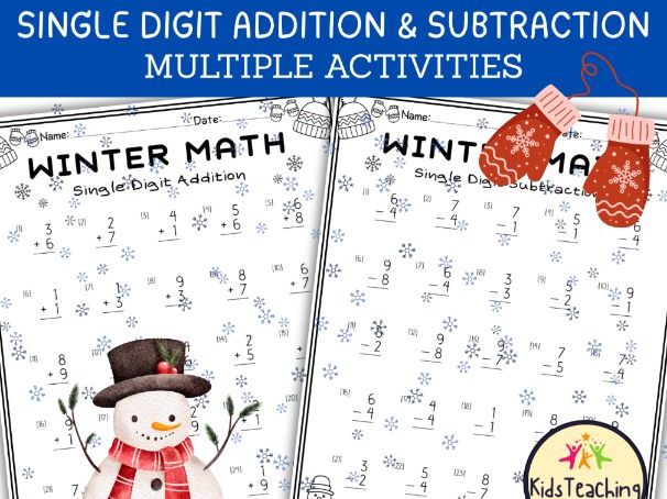 Winter Themed Math Single Digit Addition and Subtraction Worksheets