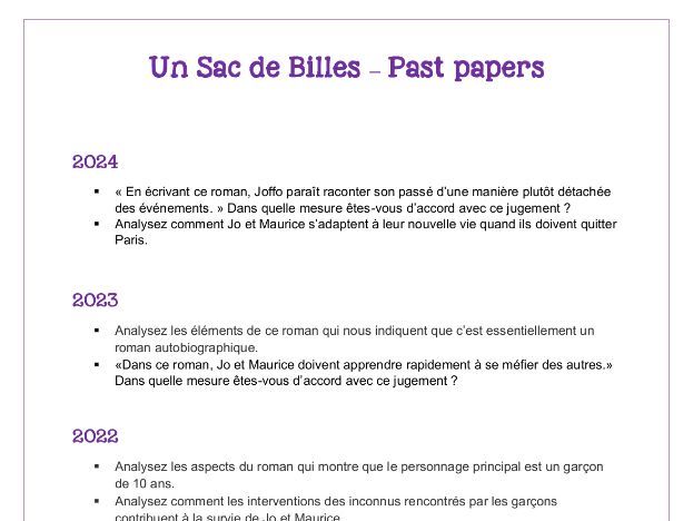 Un sac de billes - Past papers