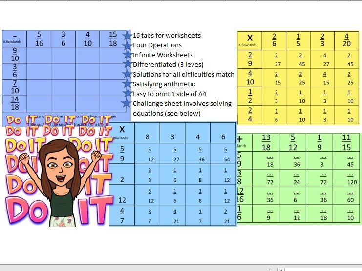 KS3 KS4 Fraction Grid Worksheet Generator, Infinite Worksheets, Matching Solutions, Differentiated