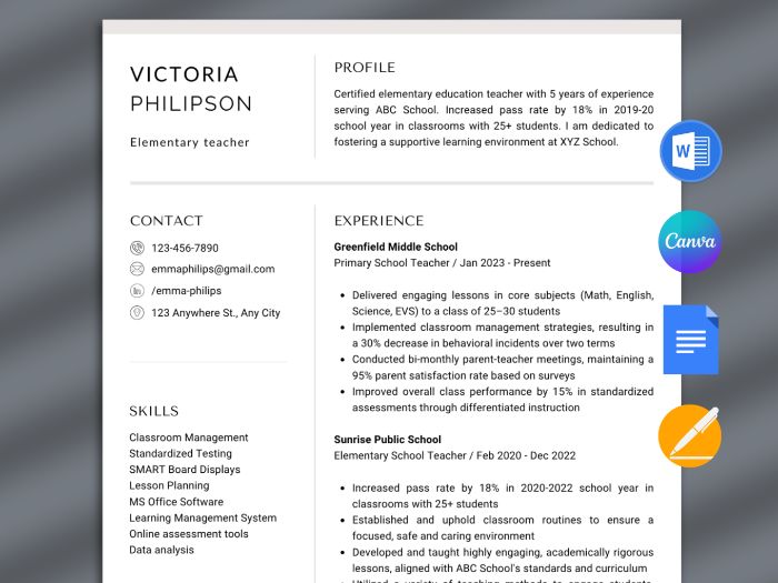 Teacher resume editable, Ats friendly Teacher Cv with cover letter - Word, Google Docs, Pages