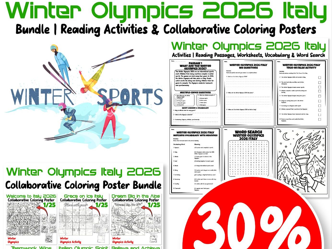 Winter Olympics 2026 Italy Bundle | Reading Activities & Collaborative Coloring Posters